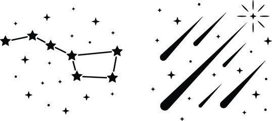 Black silhouette vector icons of Big Dipper constellation and meteor shower for astronomy and space design © MDKhademul