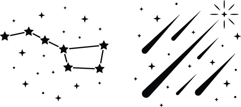 Black silhouette vector icons of Big Dipper constellation and meteor shower for astronomy and space design