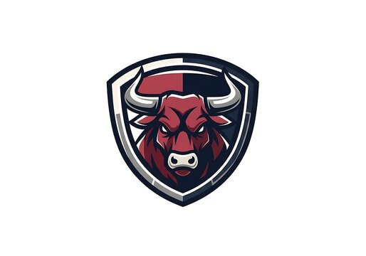 Aggressive red bull mascot head logo design inside a black shield emblem for sports team