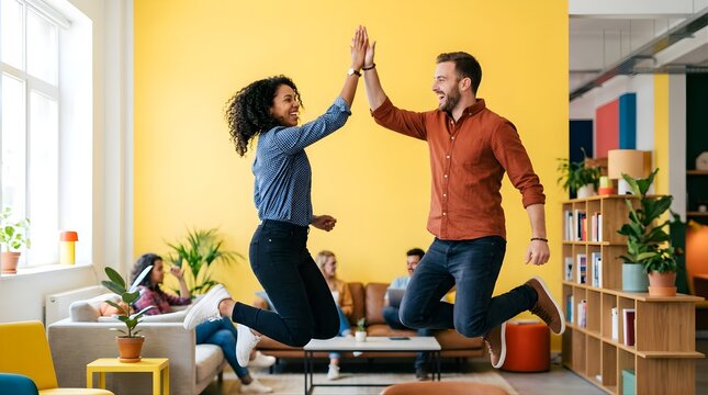 Happy diverse colleagues giving a high five while jumping in the office