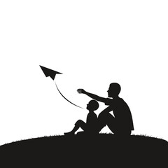 Naklejka premium Minimalist father and son silhouette, man and child playing with paper plane on hill, family bonding and childhood dreams concept vector
