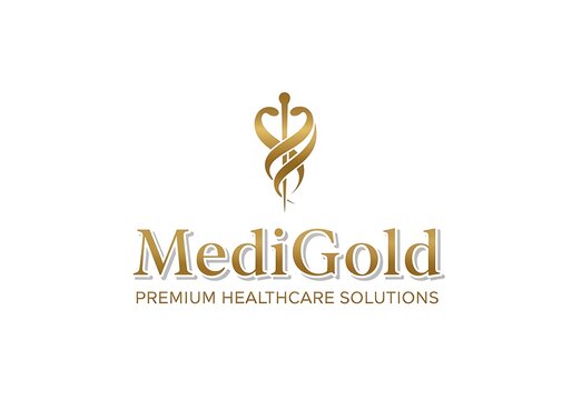 Medigold premium healthcare solutions logo with medical caduceus symbol in gold and green colors
