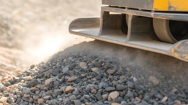 Close up of a vibratory plate compactor machine compressing loose gravel on a construction site with dust particles rising from the ground