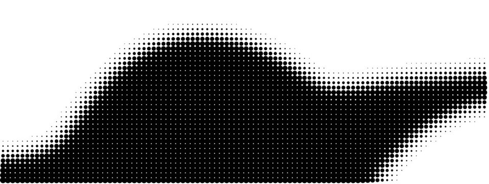 Black halftone dots forming abstract shape on white background with halftone design densely densely packed