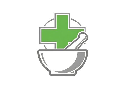 Green cross medical pharmacy icon with mortar and pestle for healthcare and medicine branding