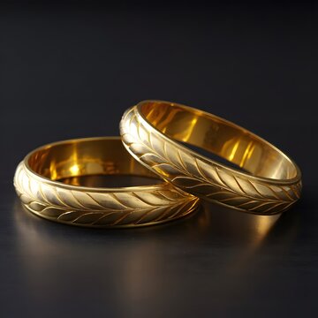 Two intricately designed golden rings resting on a reflective surface