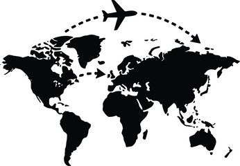 Vector world map silhouette with airplane and dotted flight routes for global travel and logistics design © MDKhademul