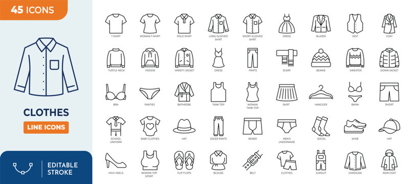 Clothes icon set. Containing t-shirt, Clothes, pants, shirt, Jacket, Dress, shoes, coat, hat, and more. vector illustration
