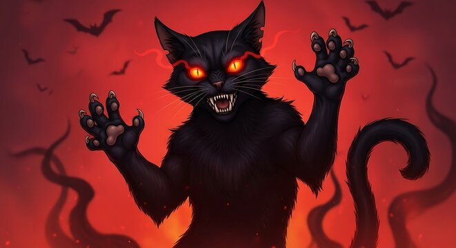 A menacing black cat with glowing red eyes and sharp claws stands against a dark red background with flying bats and wavy tendrils