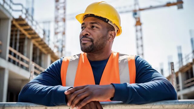 African American construction worker resting on scaffolding and observing the site. Confident male builder in a hard hat and safety vest looking at a commercial building project