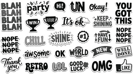 Motivational slang typography sticker collection featuring trendy handwritten quotes popular phrases positive expressions and retro comic words © MSTJAKIA