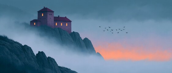Fototapeta premium Ancient castle emerging from sea fog during sunrise