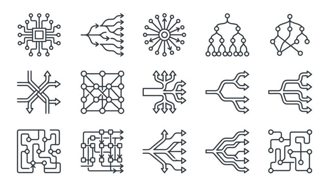Abstract circuit and technical flowchart icon set.