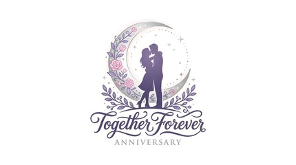 Fototapeta premium Romantic silhouette of a loving couple embracing tenderly in front of a decorative crescent moon adorned with soft pink roses and elegant floral leaves featuring the graceful script 