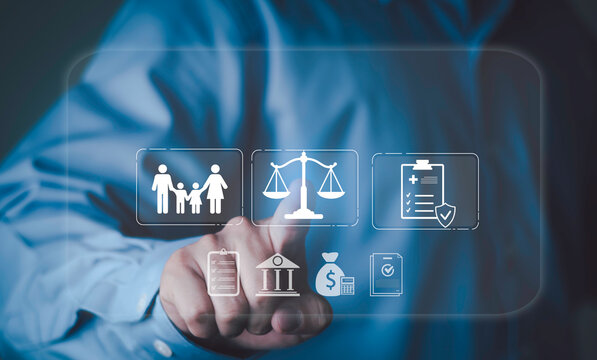 Professional pointing at digital law scales of justice, family security and insurance icons. Concept of legal protection, financial banking compliance and medical healthcare coverage plan.