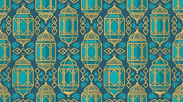 Seamless pattern with golden islamic lanterns on a teal background