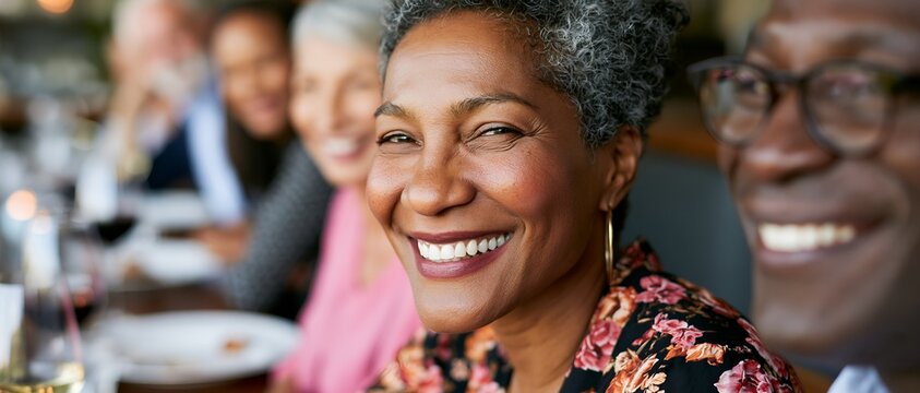Cheerful elderly woman laughs with friends at an intimate dinner