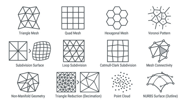 3D mesh and geometric topology wireframe icons.