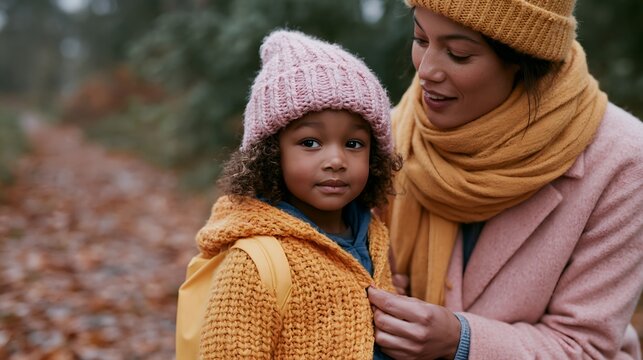 Mother and daughter walk through colorful autumn leaves