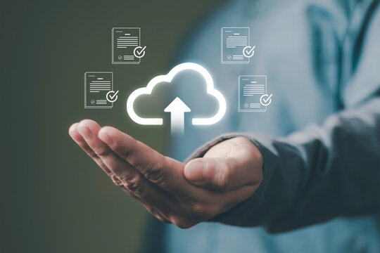 Cloud document management and secure file storage concept with approved digital records and upload icon. Representing cloud computing, data organization, workflow automation and compliance.