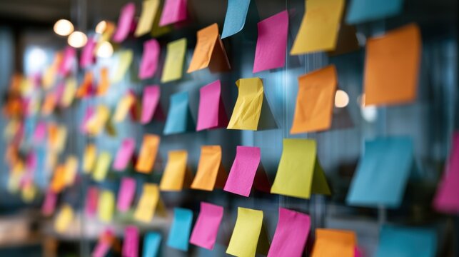 A colorful wall of sticky notes with various colors and messages