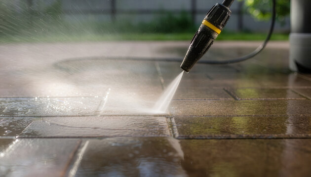 High-pressure cleaning of patio paving stones, pressure washer spraying water to remove dirt and stains from outdoor pavement.