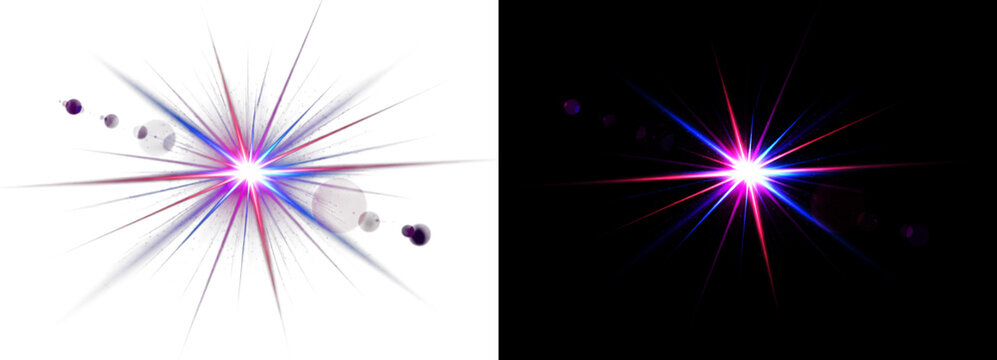 Spectacular starburst light explosion with multi colored rays and hexagonal bokeh circles on transparent checkered background and black screen background.