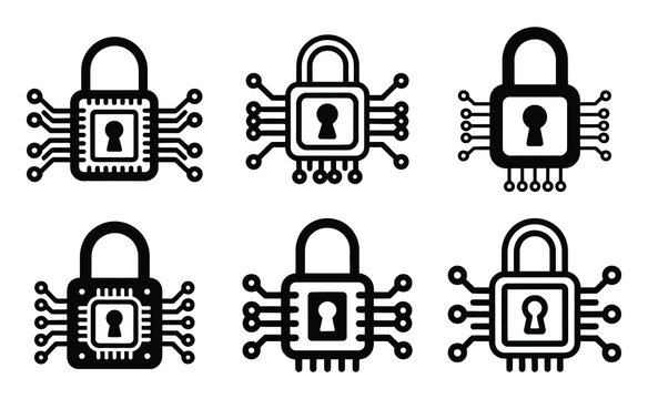 Collection of six digital padlock icons integrated with circuit board elements and keyholes for security concepts