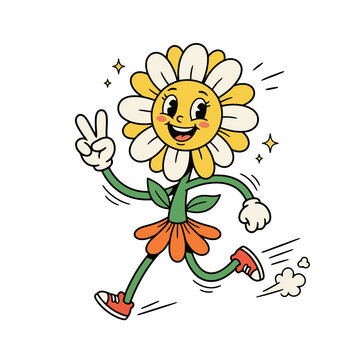 A happy cartoon flower character running and showing a peace sign