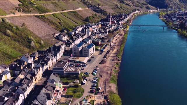  Aerial view around the city and old town of Zell beside the river Mosel  in Germany on a sunny spring day 