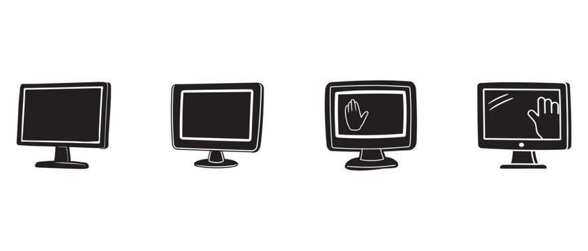 computer monitors with different screen displays on white background  monitors show blank and hand icons