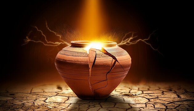 a broken clay vessel emitting a warm glowing light from its cracks
