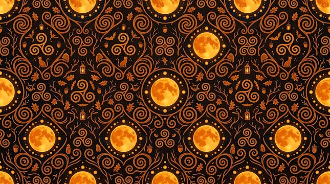 Seamless mystical pattern with golden moons cats and triskelion symbols
