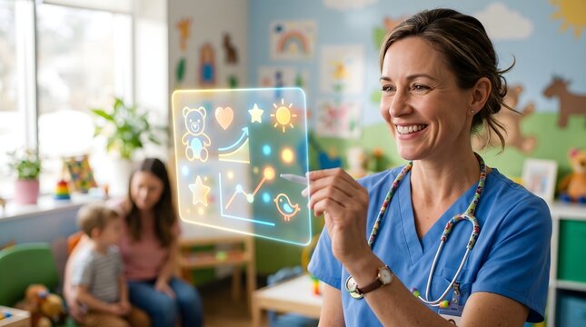 Smiling female pediatrician interacts glowing holographic medical data, brightly lit conceptual image promoting health and wellness child clinic setting.