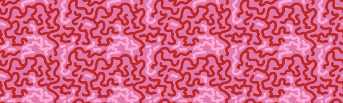 Red vintage coral seamless design. Abstract organic algae or worm forms with fluid movement. Repeat on pink bg seaweed plant pattern for marine textile prints, wrapping paper and greeting cards.