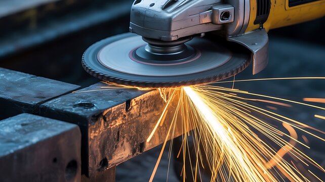 Close up of an angle grinder cutting a metal beam in a workshop with intense bright orange sparks flying during the industrial fabrication process