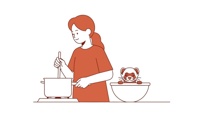 Young woman cooking food with a pet ferret in kitchen