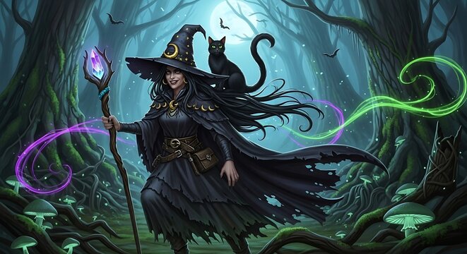 A mystical sorceress with long dark hair and a pointed hat casts magic spells in a moonlit forest