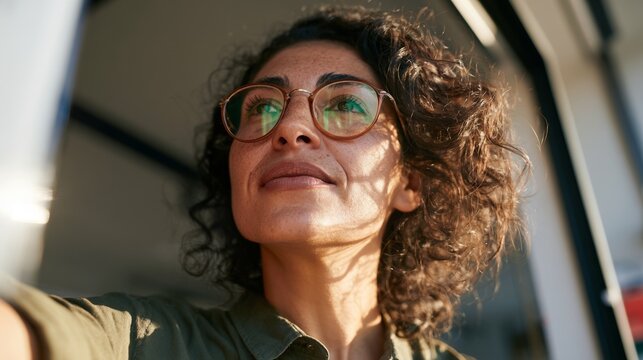 Woman in glasses looking off to side with short hair, sunglasses and a light-colored outfit.