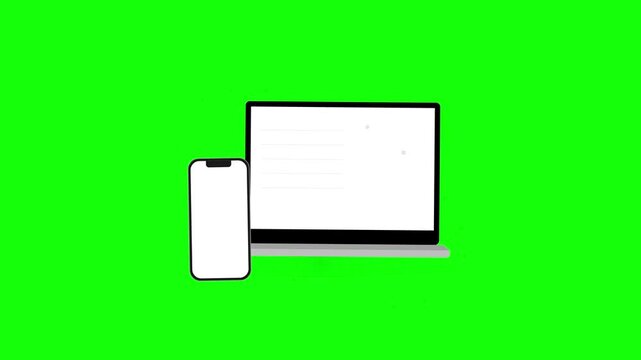 Minimalist laptop and smartphone device icons on chroma key green background representing responsive graphic design