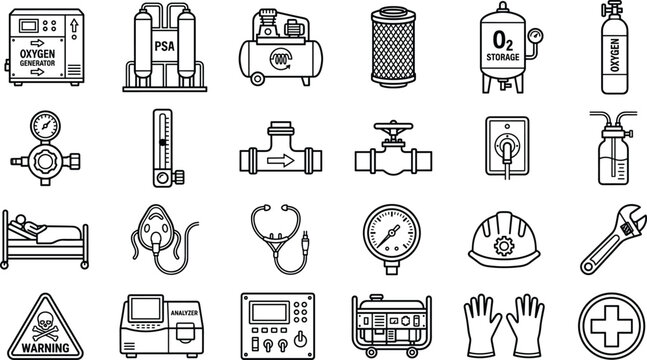 Medical oxygen generator vector icon set with hospital gas utility and respiratory therapy line art elements isolated on white background