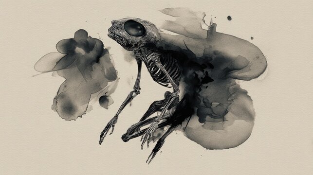 Artistic rendering of a skeletal frog with expressive ink textures and hues