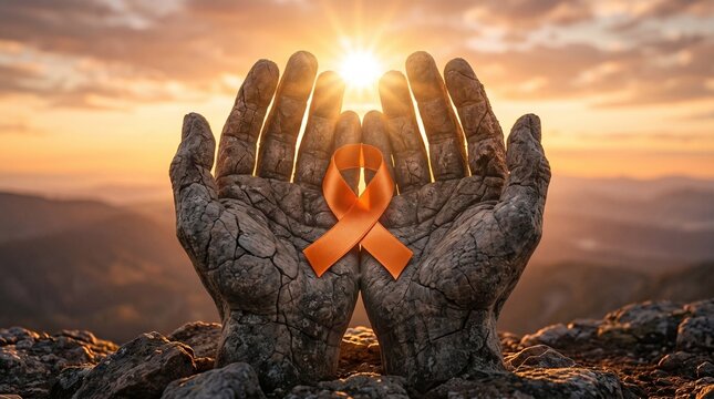 Multiple sclerosis awareness orange ribbon in cracked stone hands against sunset background horizontal