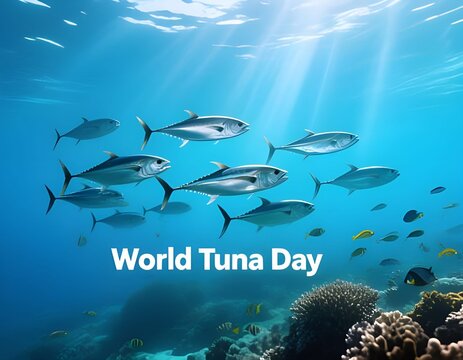 School of Tuna Swimming in Clear Ocean for World Tuna Day Marine Conservation Concept