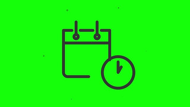 Black line calendar and clock icon representing schedule, deadline, time management, and reminder on a green screen