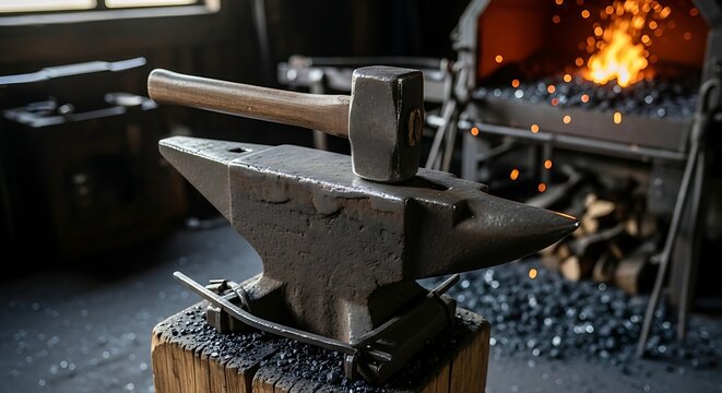 A large metal anvil sits atop a wooden block in a dimly lit workshop with a glowing forge in the background