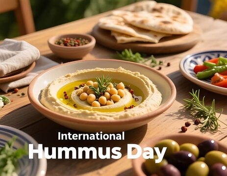 Mediterranean Hummus Bowl with Chickpeas and Fresh Ingredients for International Hummus Day