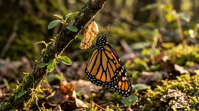 Monarch butterfly emerging from chrysalis in a sunlit forest