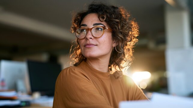 Professional Woman in Office Environment, Posing with Papers, Wearing Glasses and Casual Attire
