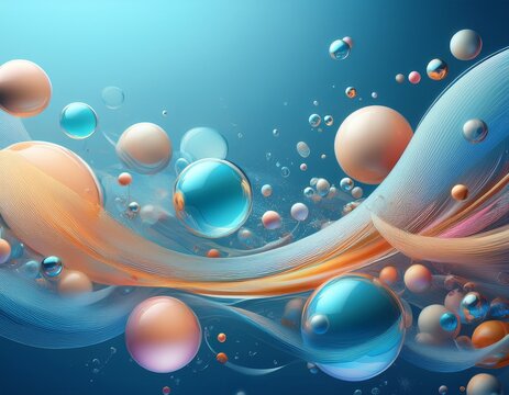 colorful floating spheres and bubbles on soft blue abstract background with flowing organic shapes